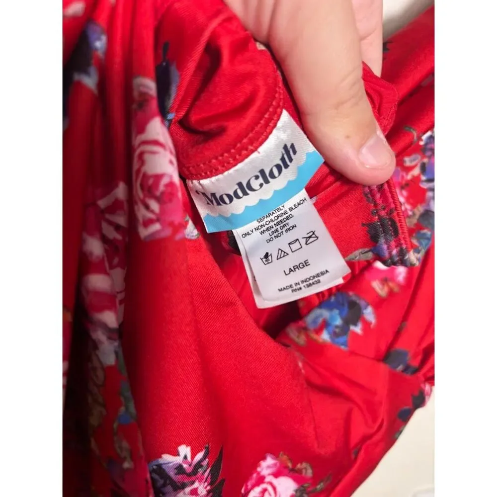 ModCloth The Lauren Red One-Piece Swimsuit sz Large Small Floral Plunging - Picture 5 of 5